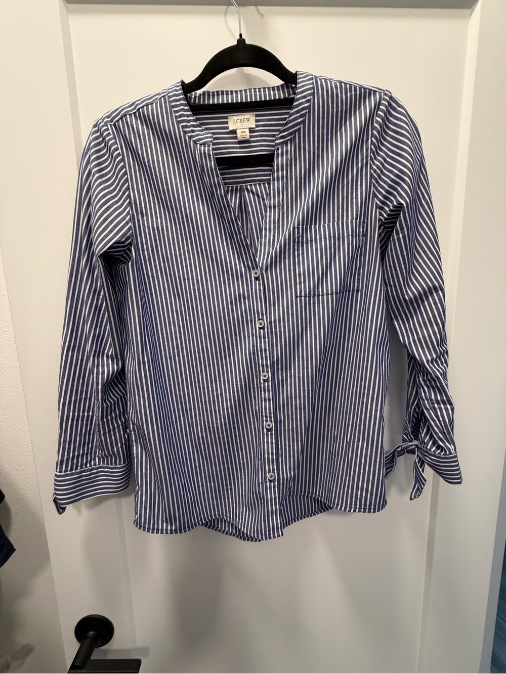 J. Crew Navy and White Striped Band-Collar Shirt